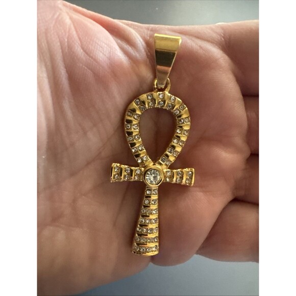 Gold Plated Cubic Zirconia Stainless Steel Egyptian Ankh Cross Pendant Necklace - Picture 4 of 6